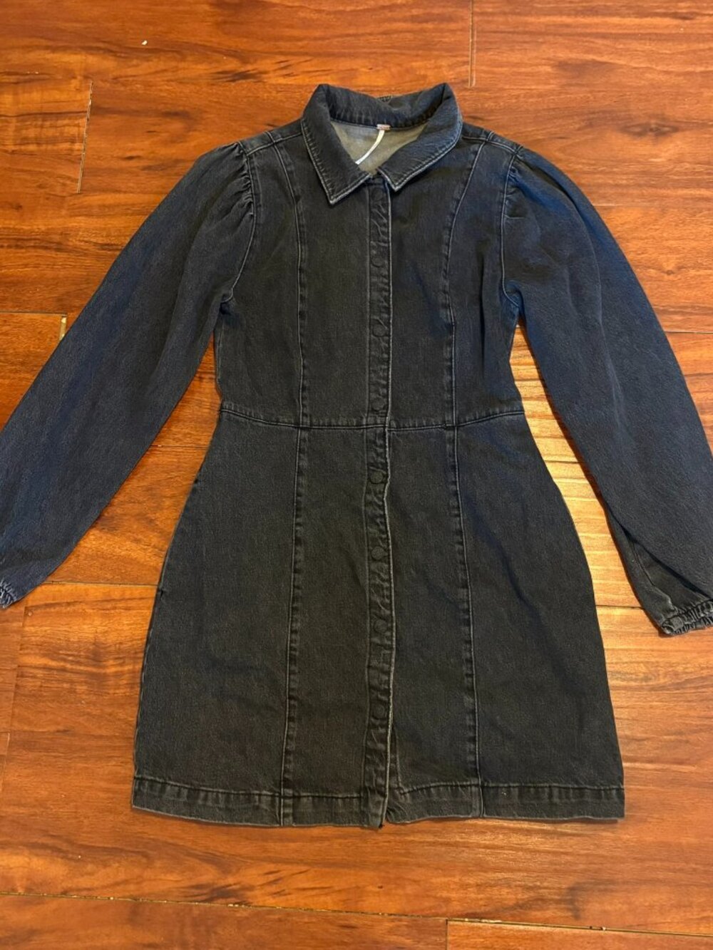 Free People Indie Boho Button up Denim Dress Long Sleeve Color Black (M)